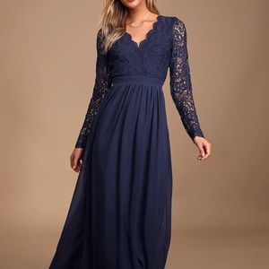 Navy Lulus long lace sleeve low back maxi! “Awaken my love” dress